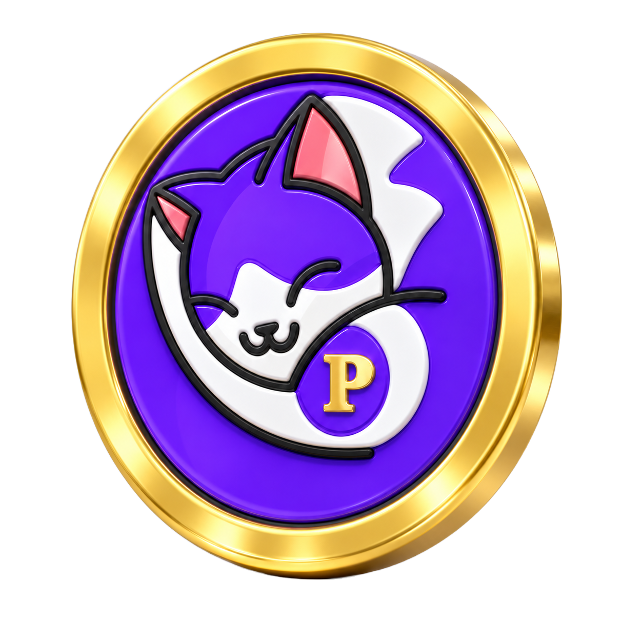 Gold and violet Proton Pussy coin featuring the smiling kitty mascot